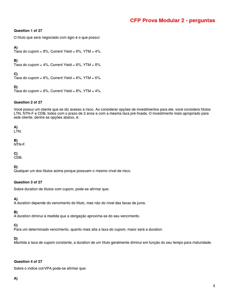 Prova Modular Módulo 2 - Questões | PDF | Dividendo | Opção (finanças)