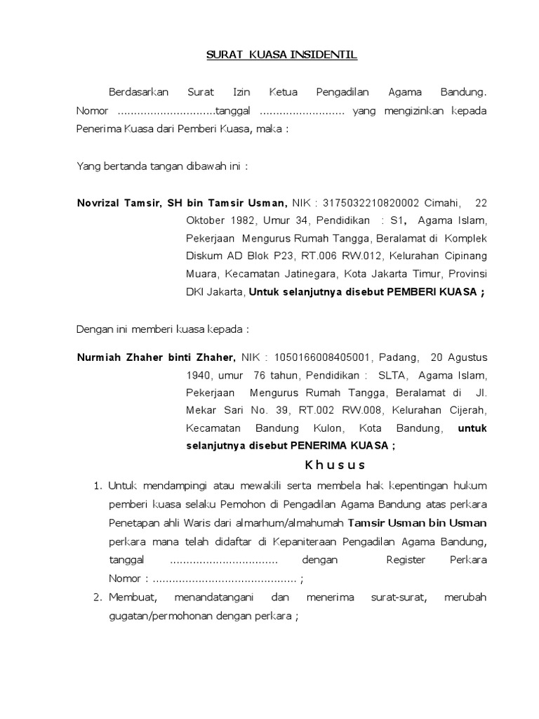 Contoh Surat Kuasa Insidentil | PDF