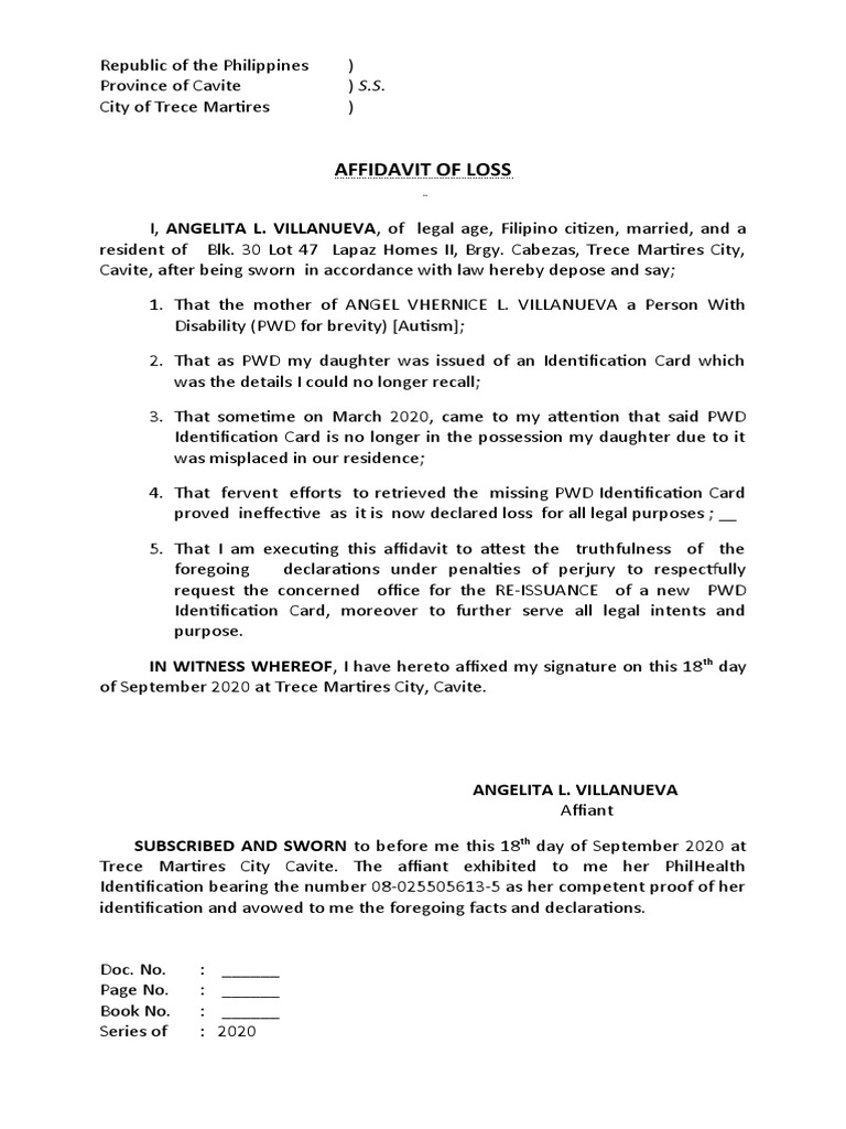 Affidavit of Loss for PWD ID | PDF