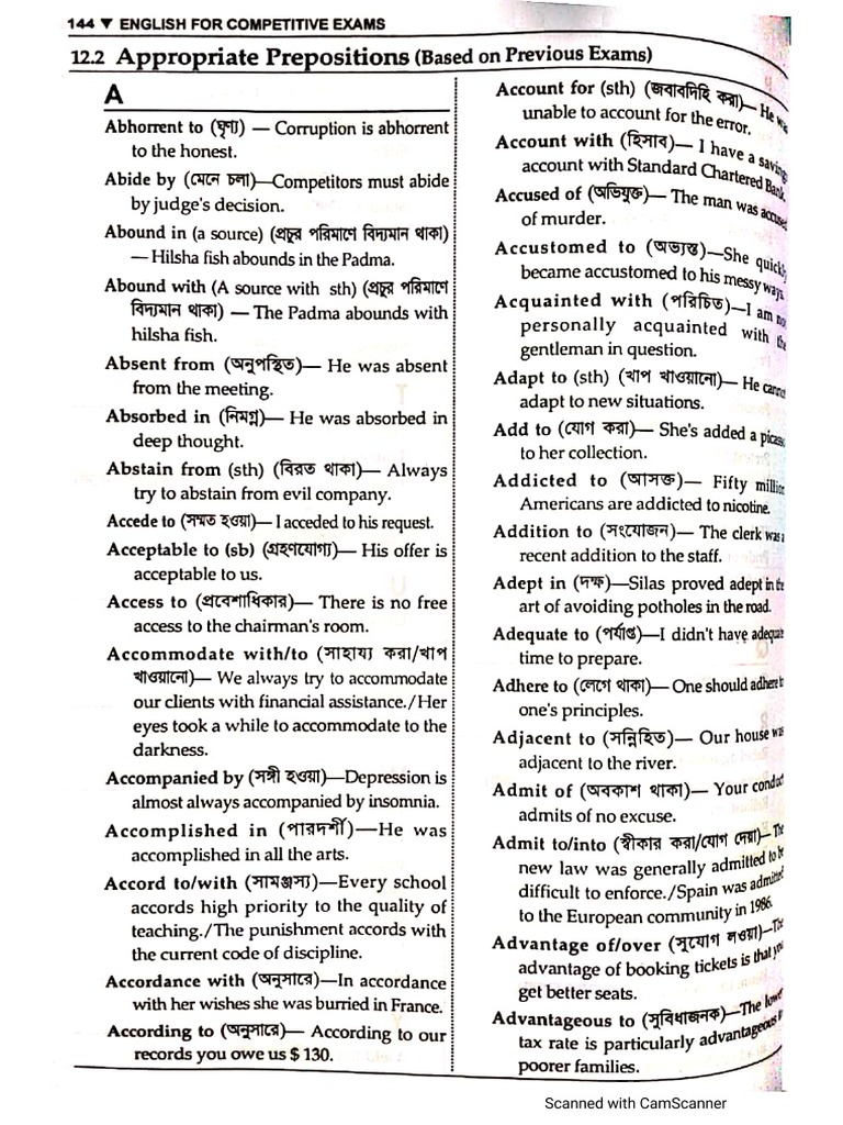 Preposition Study Material Letter A | PDF