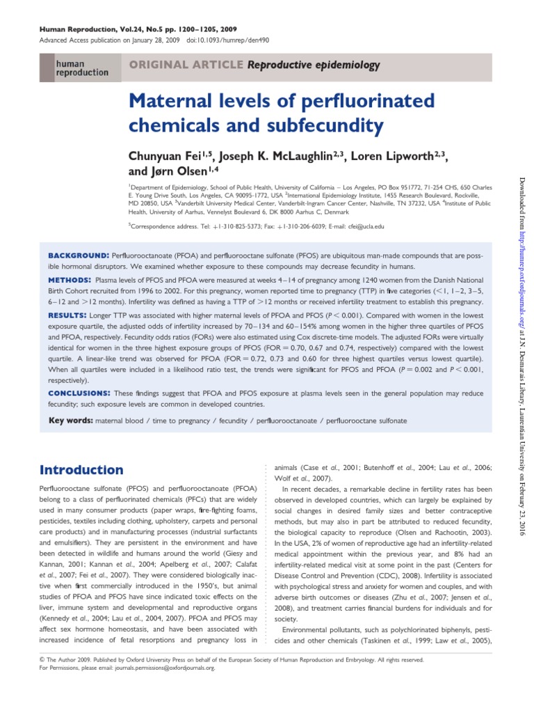 Maternal Levels of Perfluorinated Chemicals and Subfecundity | PDF ...