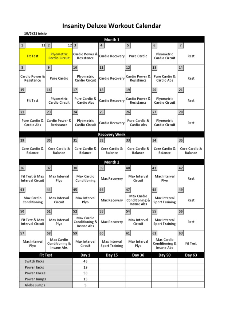 Insanity Deluxe Workout Calendar: Month 1 | PDF | Hobbies | Individual ...