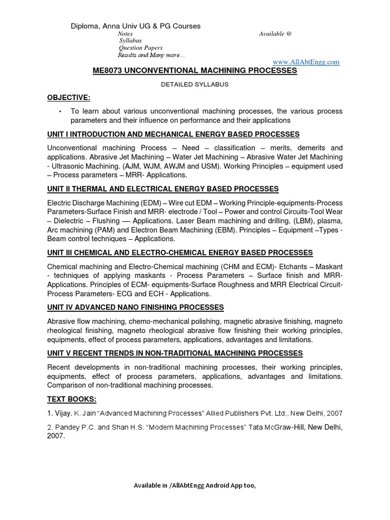 Unconventional Machining Processes A Detailed Syllabus on Mechanical
