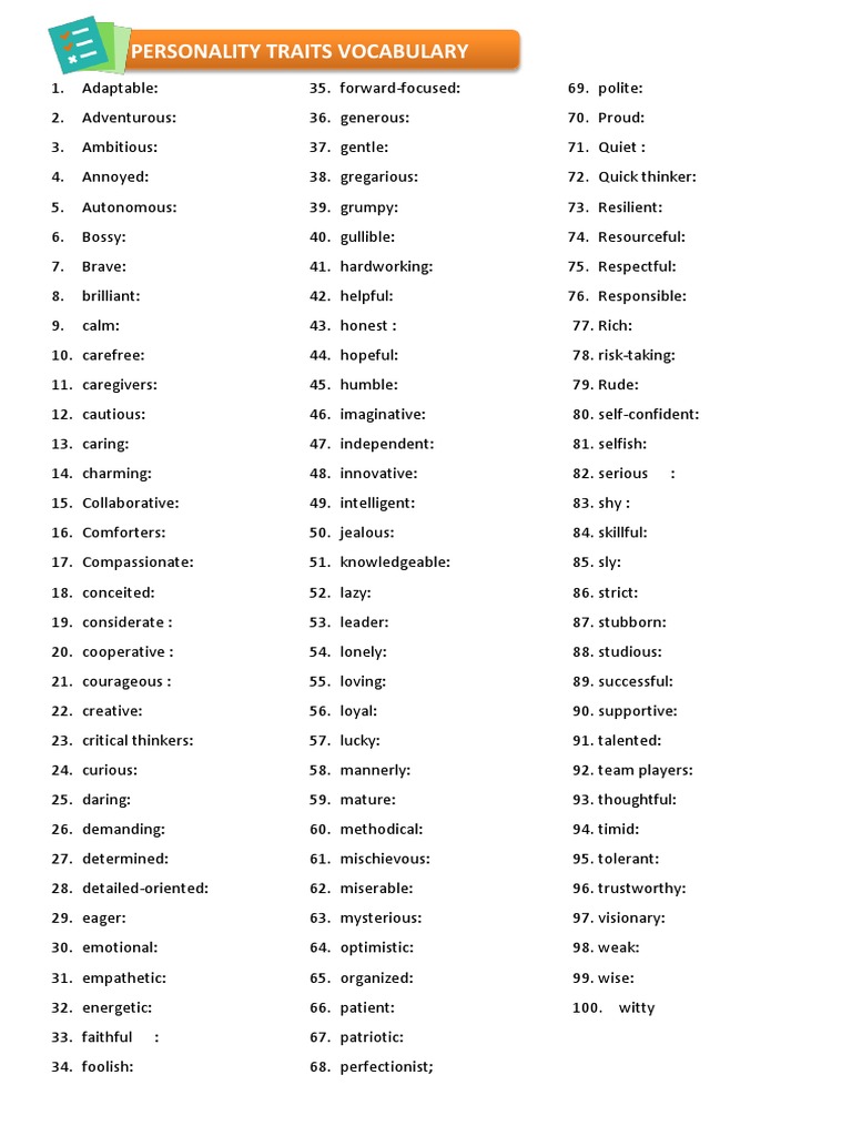 Personality Traits Vocabulary | PDF