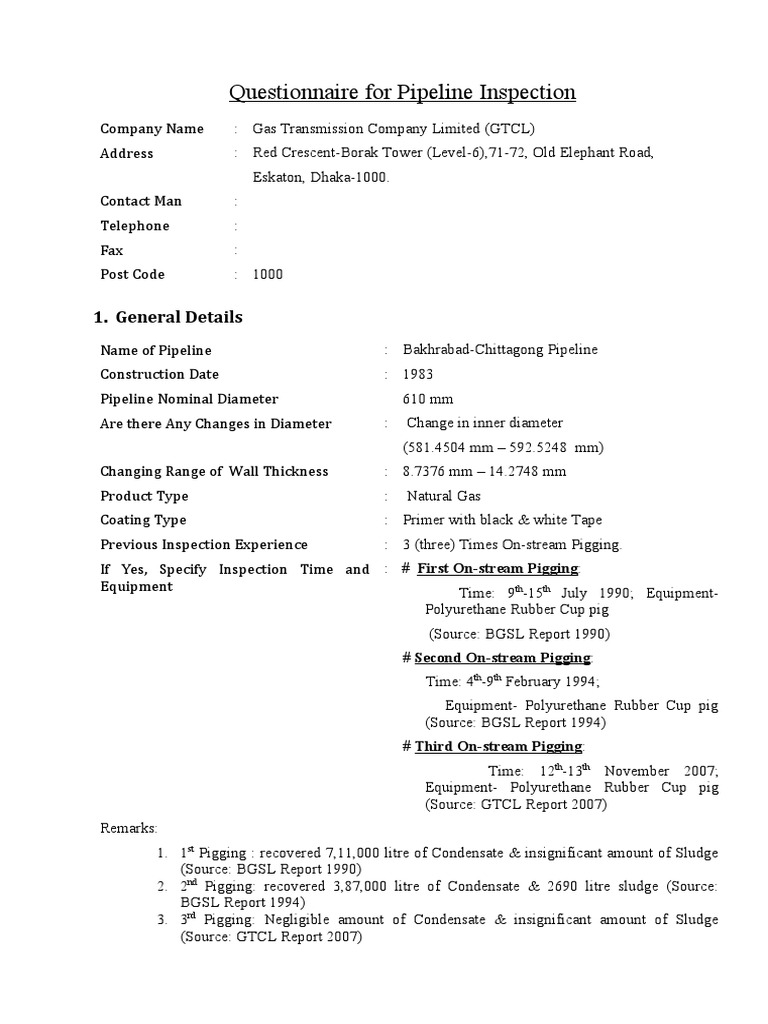 GTCL Pipeline Inspection Questionnaire | PDF | Pipe (Fluid Conveyance ...
