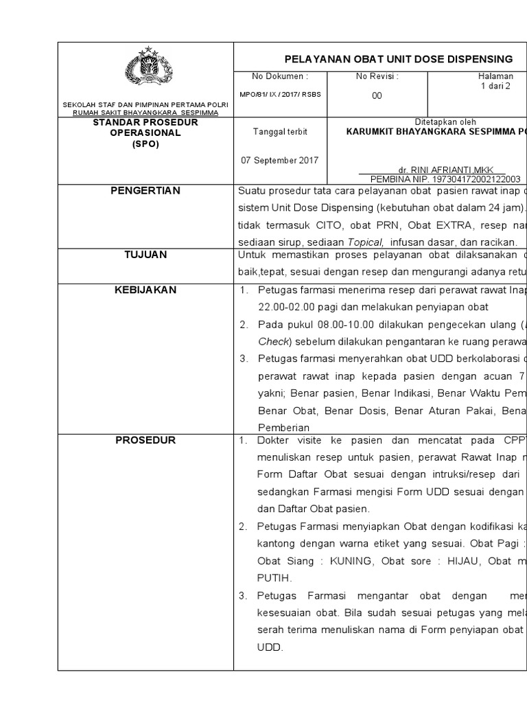 Prosedur Pelayanan Obat UDD RS Bhayangkara | PDF
