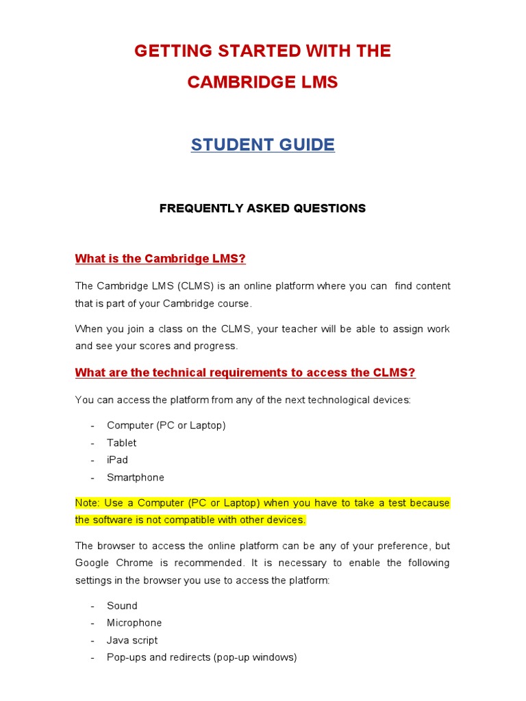Cambridge LMS Student Guide FAQ | PDF | Personal Computers | Tablet ...