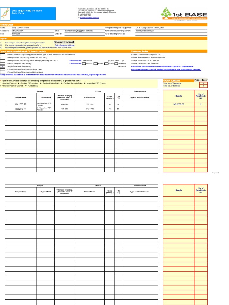 Seq Form Order Sekuensing Badak 1 BPK Dedy. DS Lab Biomol PAU-IPB | PDF ...