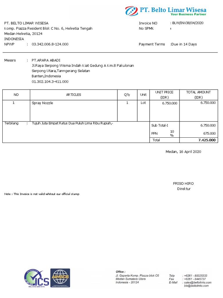 BLW/INV38/04/2020: Note: This Invoice Is Not Valid Whitout Our Official ...