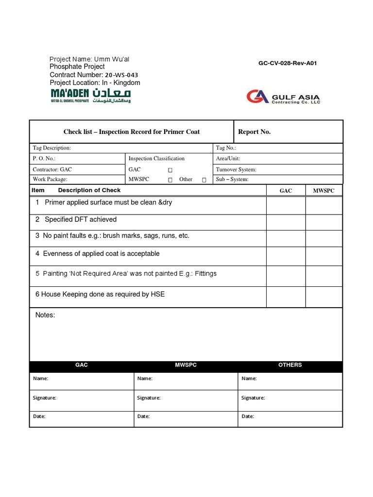 Check List - Inspection Record For Primer Coat Report No.: GC-CV-028 ...