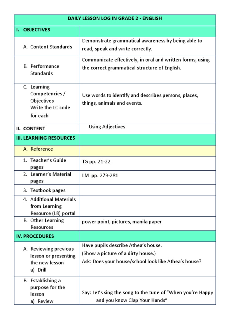Grade 2 Adjective Lesson Plan | PDF | English Language | Educational ...