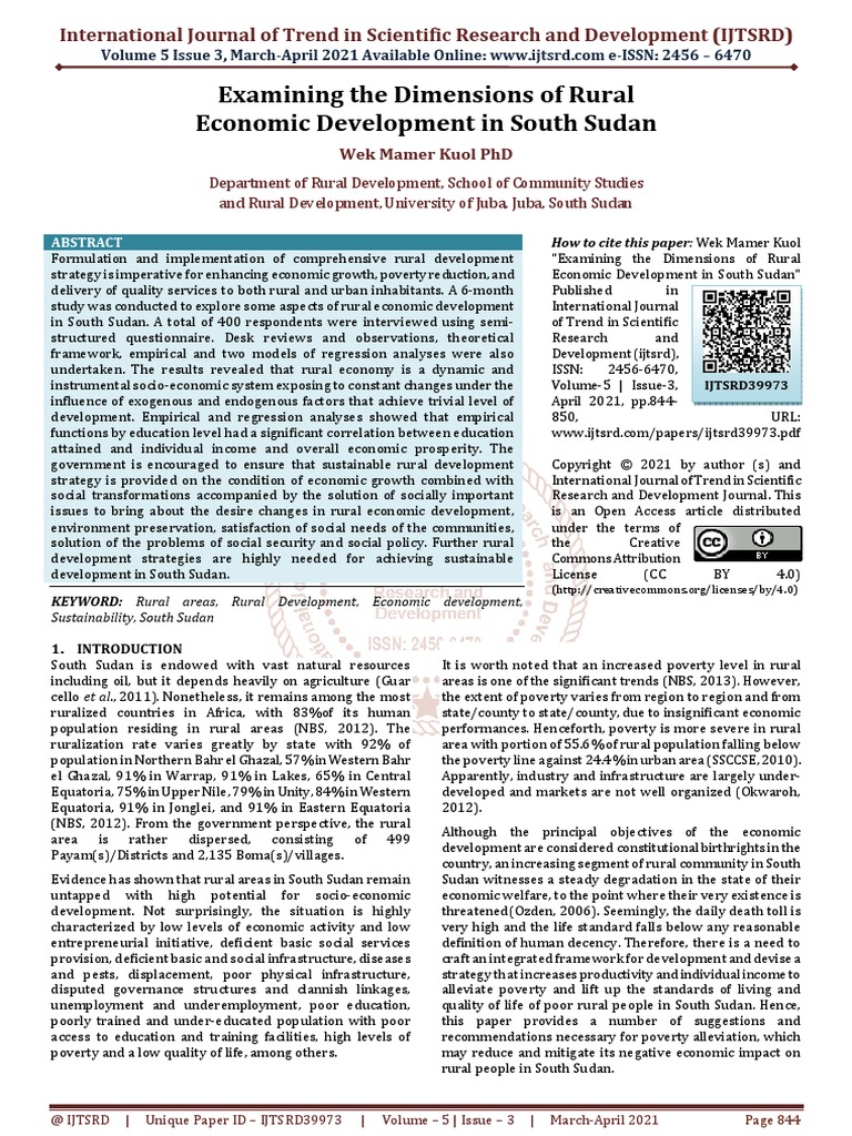 Examining The Dimensions Of Rural Economic Development In South Sudan