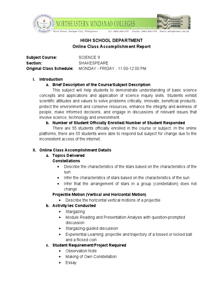 Science 9 Online Class Report | PDF | Science Education | Educational ...
