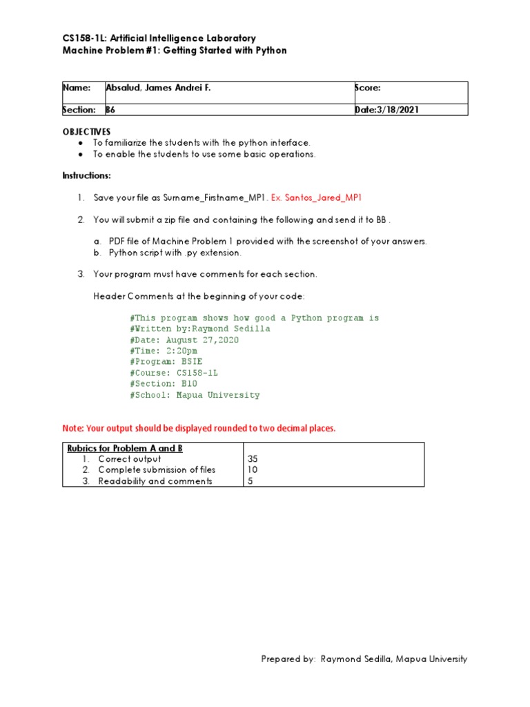 CS158-1L: Artificial Intelligence Laboratory Machine Problem #1 ...