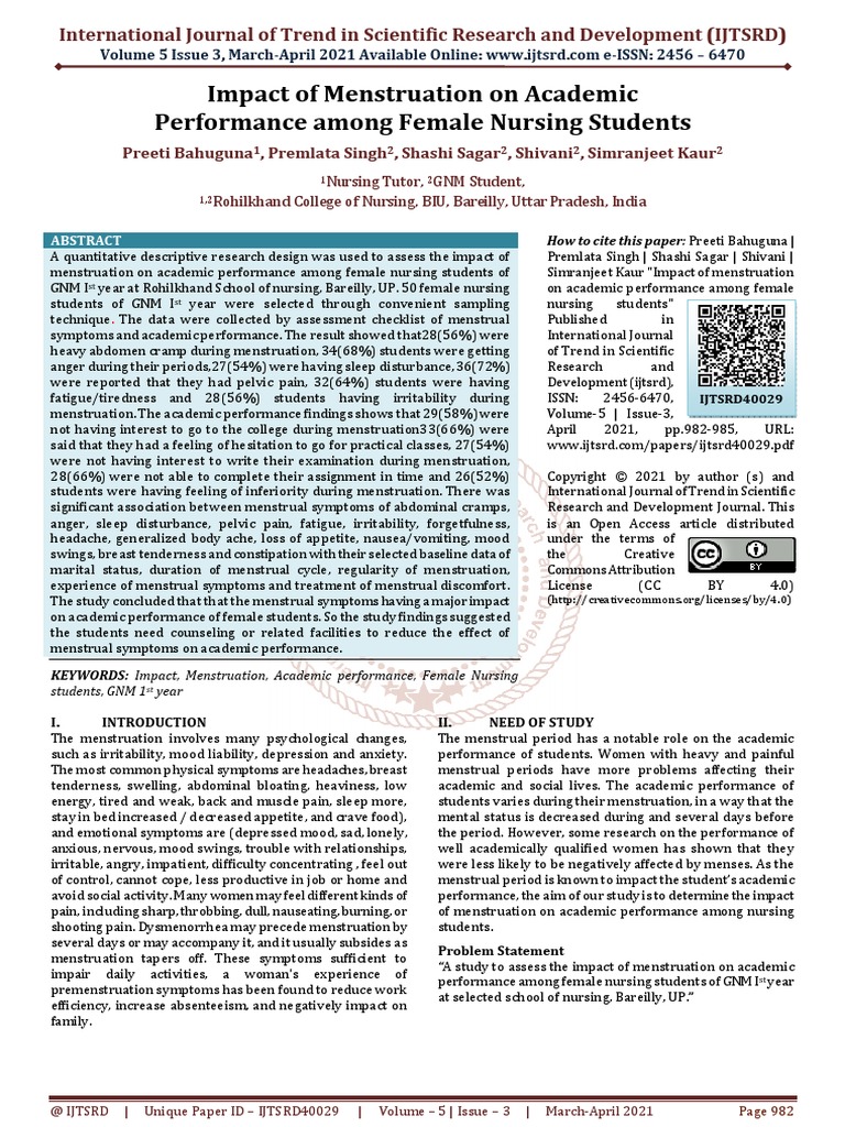 Impact of Menstruation On Academic Performance Among Female Nursing ...