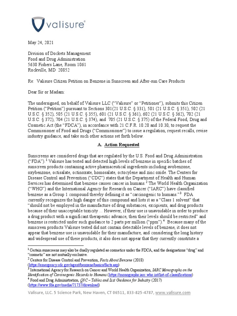 Valisure Citizen Petition On Benzene In Sunscreen And After Sun Care Products V9 7 Sunscreen Food And Drug Administration