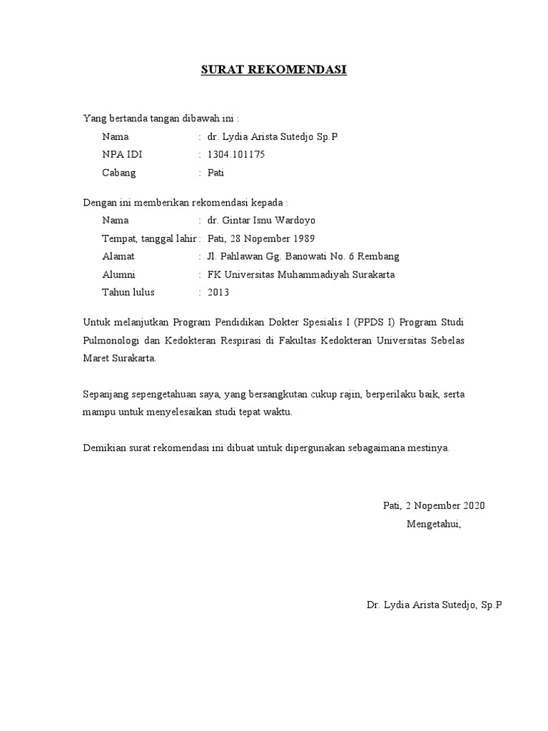 SURAT REKOMENDASI Dr. Lydia PDF