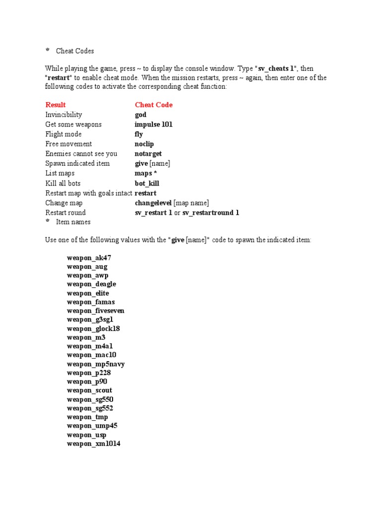 Cheat Codes for Counter-Strike 1.6 | PDF