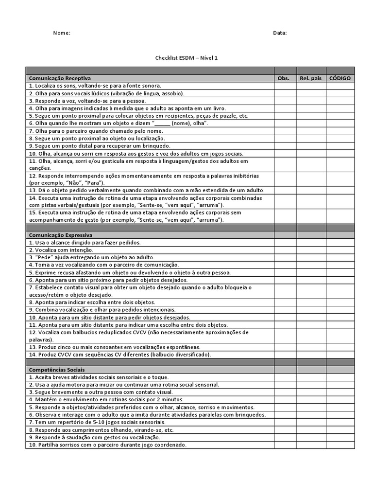 Checklist ESDM - Nível 1 | PDF | Brinquedos | Comunicação