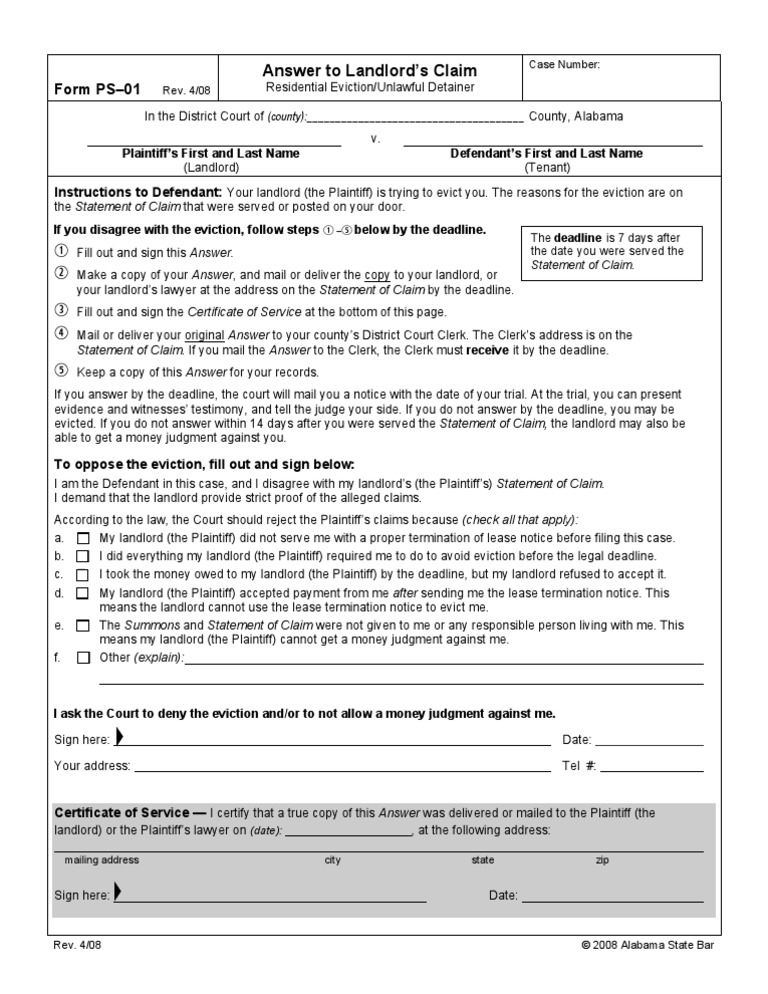 Alabama Eviction Answer Form | PDF | Eviction | Landlord