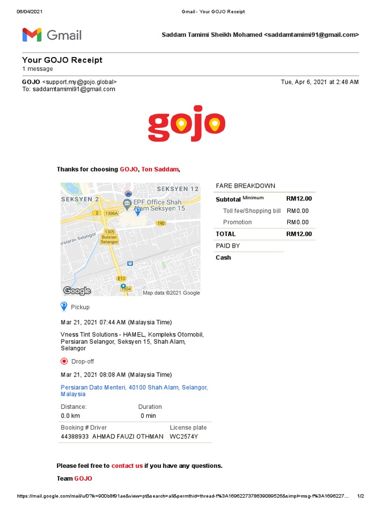 GOJO Receipt for March 2021 Ride | PDF