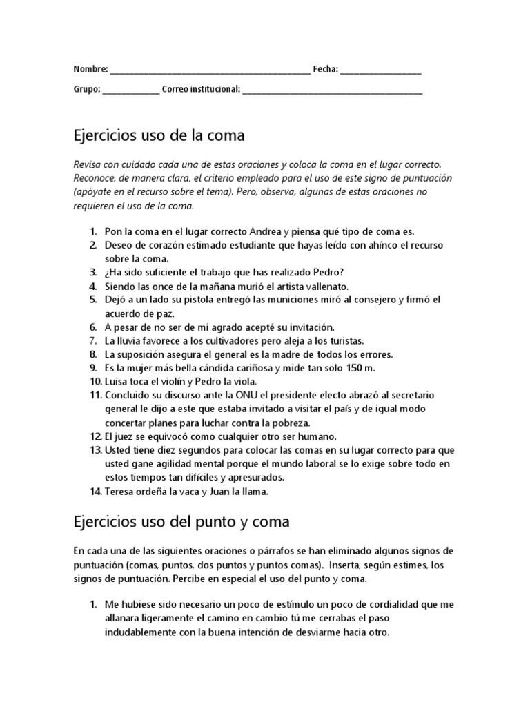 Ejercicios de Puntuación: Comas, Puntos y Comas, y Dos Puntos | PDF ...