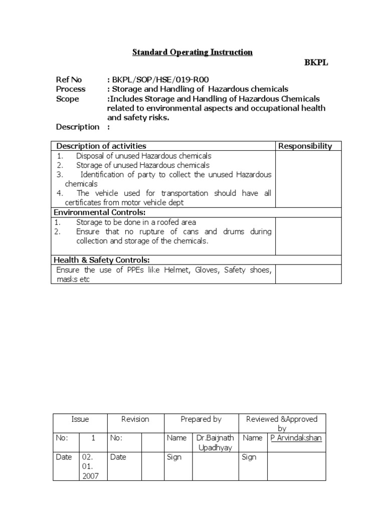 SOP For Storage and Handling of Hazardous Chemicals PDF