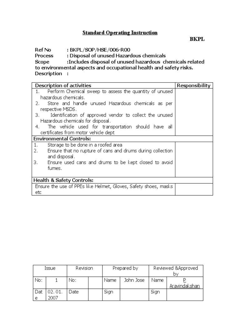 SOP For Disposal of Unused Hazardous Chemicals PDF