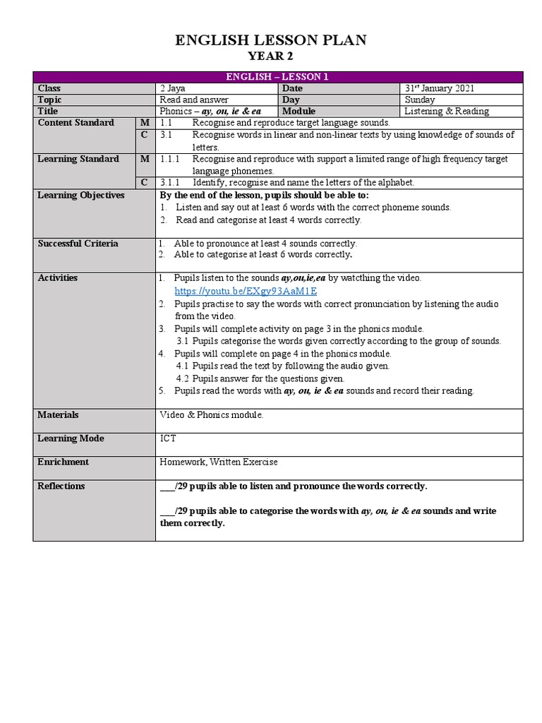 English Lesson Plan Year 2 PDF