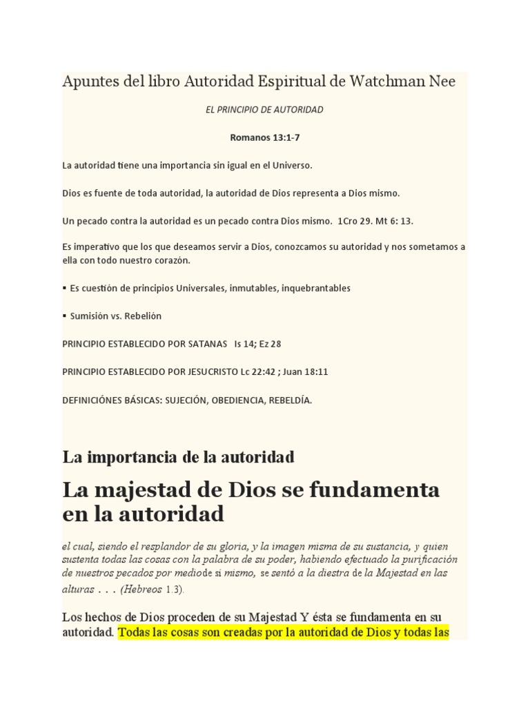 Apuntes Del Libro Autoridad Espiritual de Watchman Nee | PDF | Satán ...