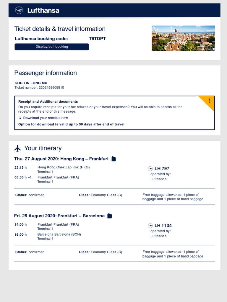 Ticket Details & Travel Information Lufthansa Booking Code T6Tdpt