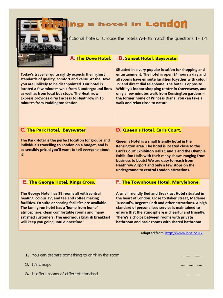London Hotels Reading Comprehension Exercises Tests 28909 | PDF | Hotel ...