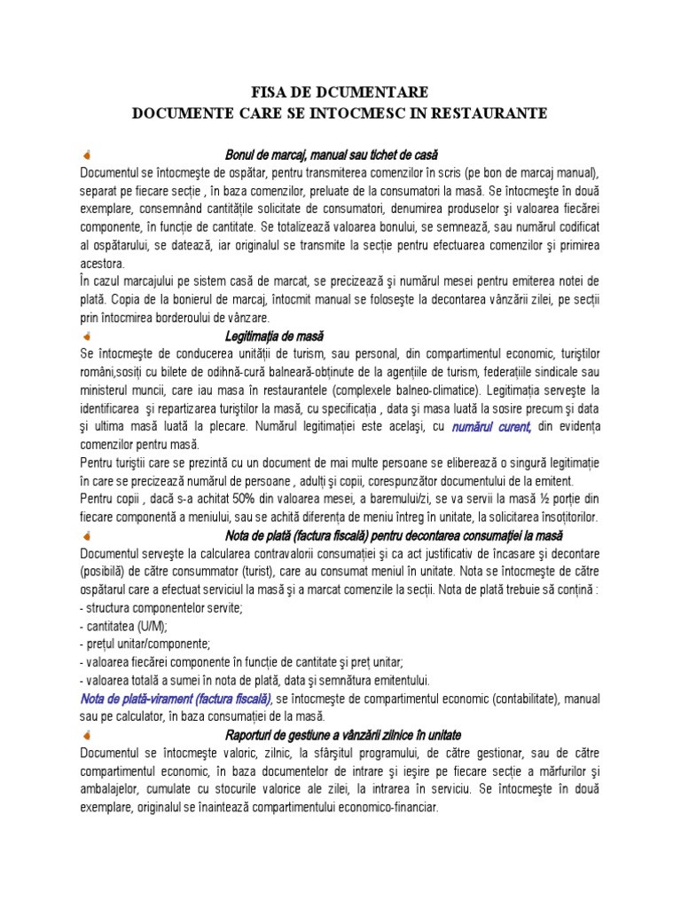 FD - Documente Care Se Intocmesc in Restaurante | PDF