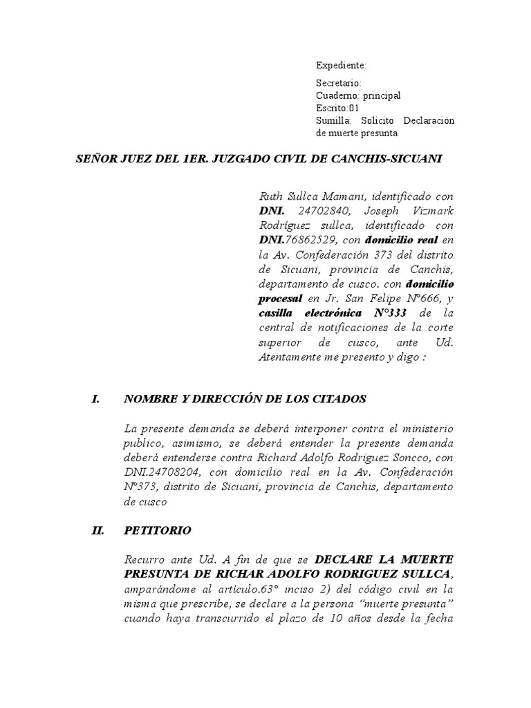 Declaracion Muerte Presunta | PDF | Demanda judicial | Ley procesal