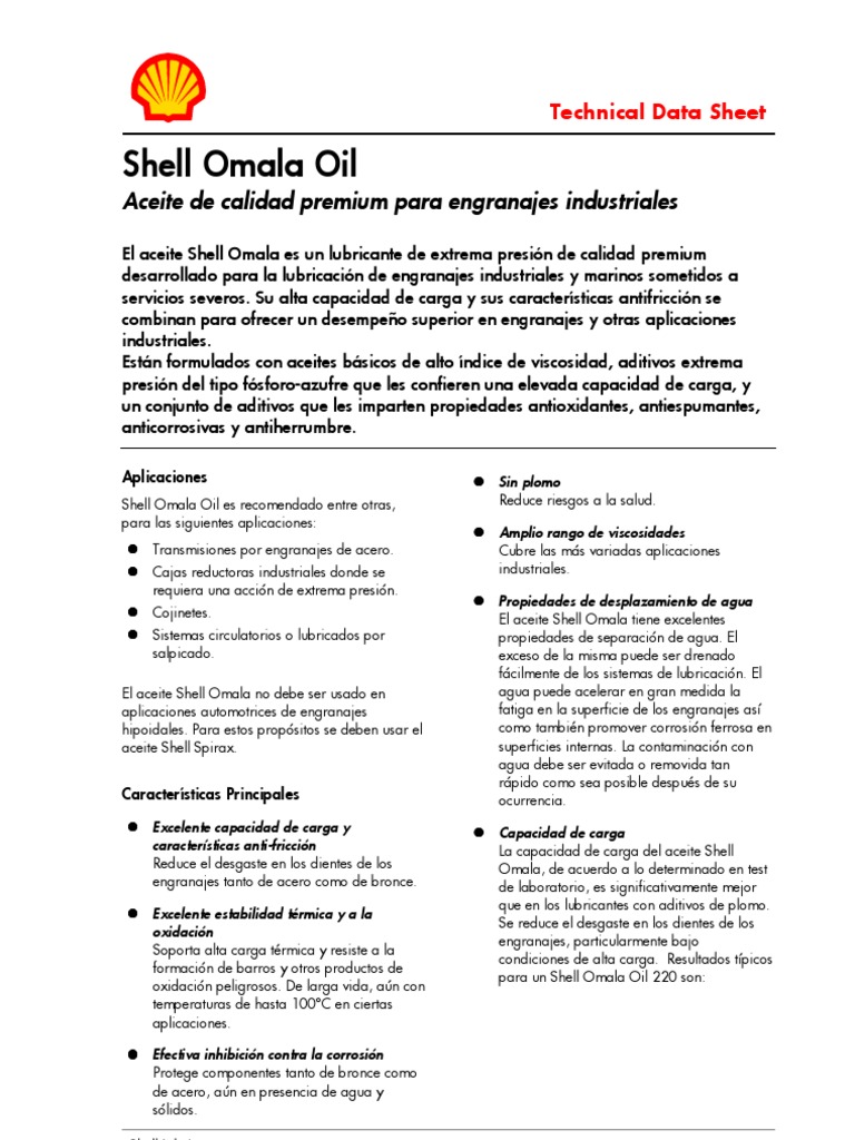 Ficha Técnica de Shell Omala 220 | PDF | Engranaje | Lubricante