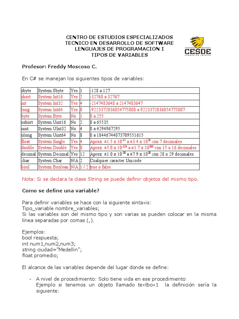 Tipos de Variables en Visual C# | PDF | C Sharp (lenguaje de ...