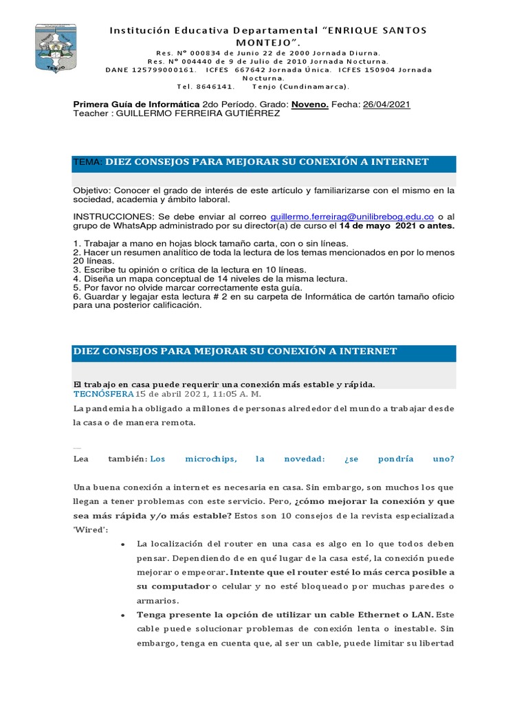 Guía de Informatica # 1 Segundo Período Grado Noveno 2021 | PDF | Wifi ...
