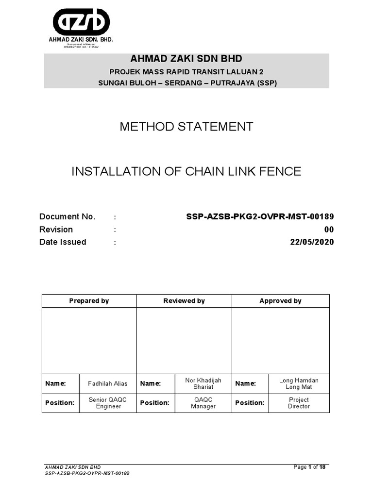 Chain Link Fence Installation Method | PDF | Personal Protective ...