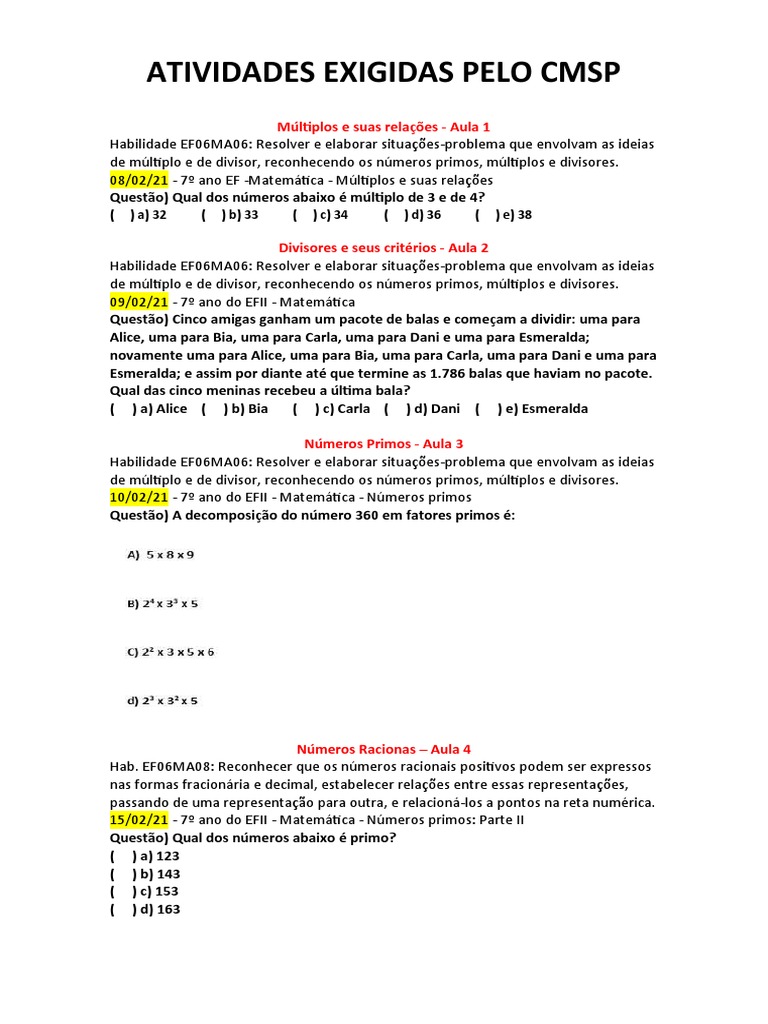 Ativ Pedidas CMSP | PDF | Número racional | Álgebra