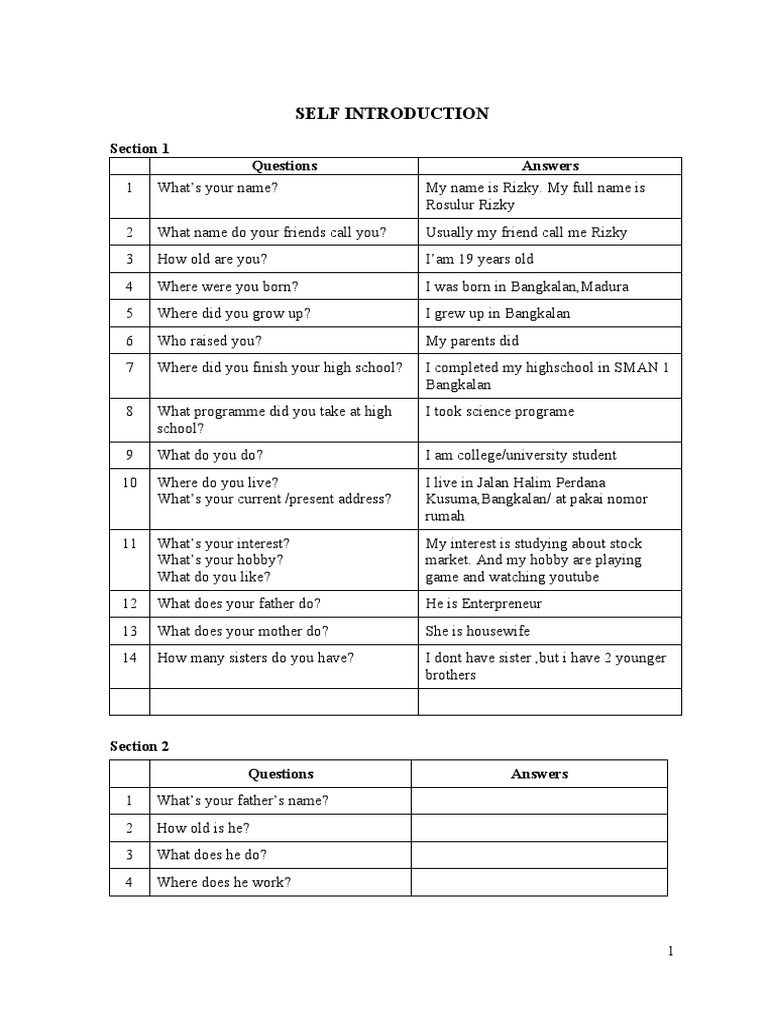 Self Introduction: Section 1 Questions Answers | PDF