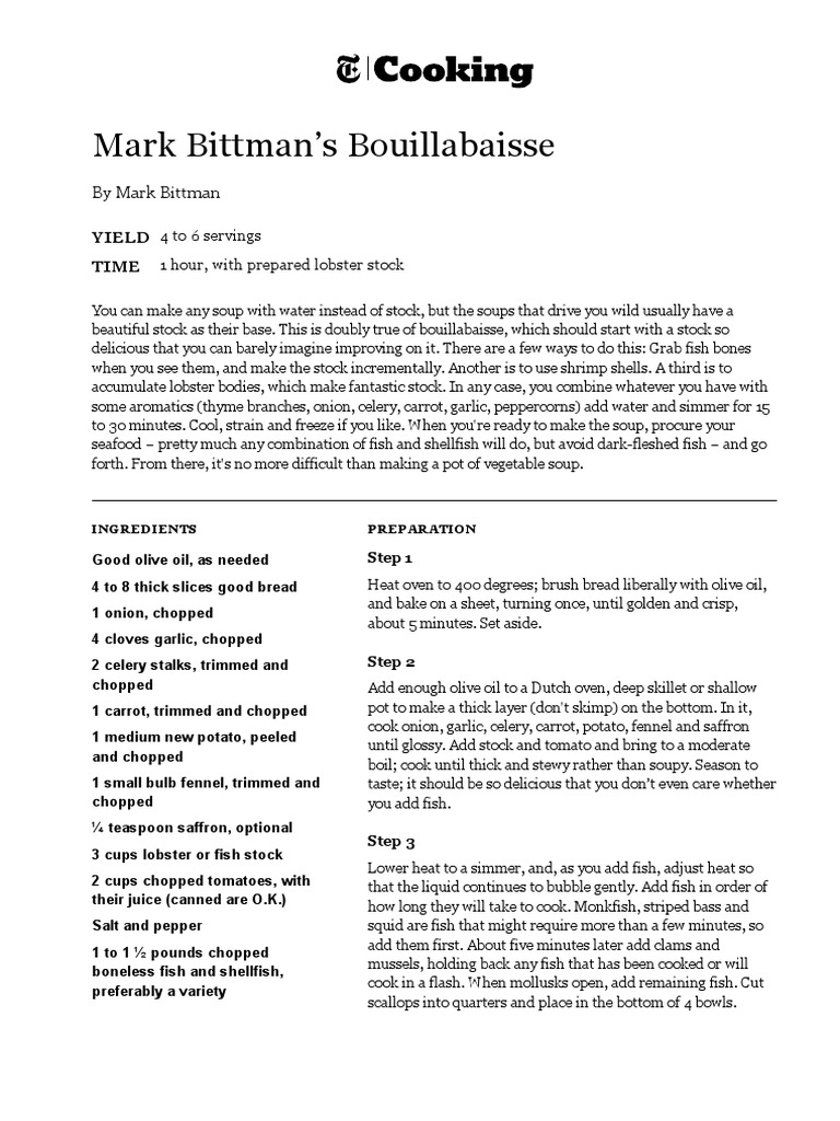 Mark Bittman's Bouillabaisse Recipe NYT Cooking PDF Stock (Food