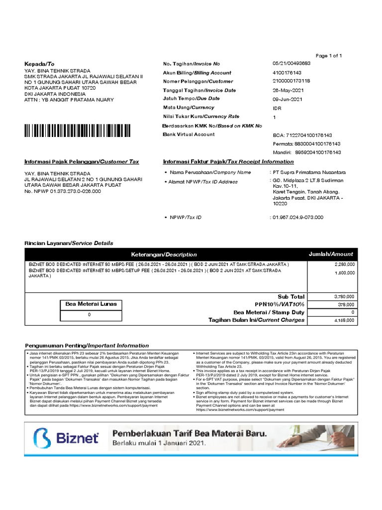 Invoice Lunas untuk Jasa Internet Biznet | PDF