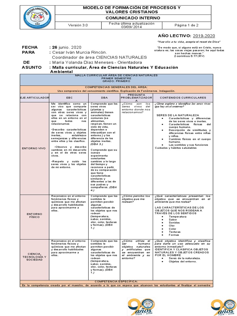Malla Curricular Grado Primero Ciencias Naturales PDF Organismos