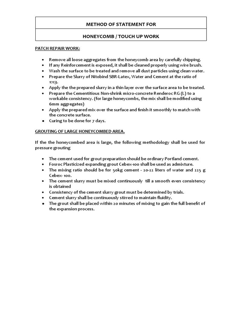 Honeycomb Concrete Repair Method Statement | PDF | Concrete | Cement
