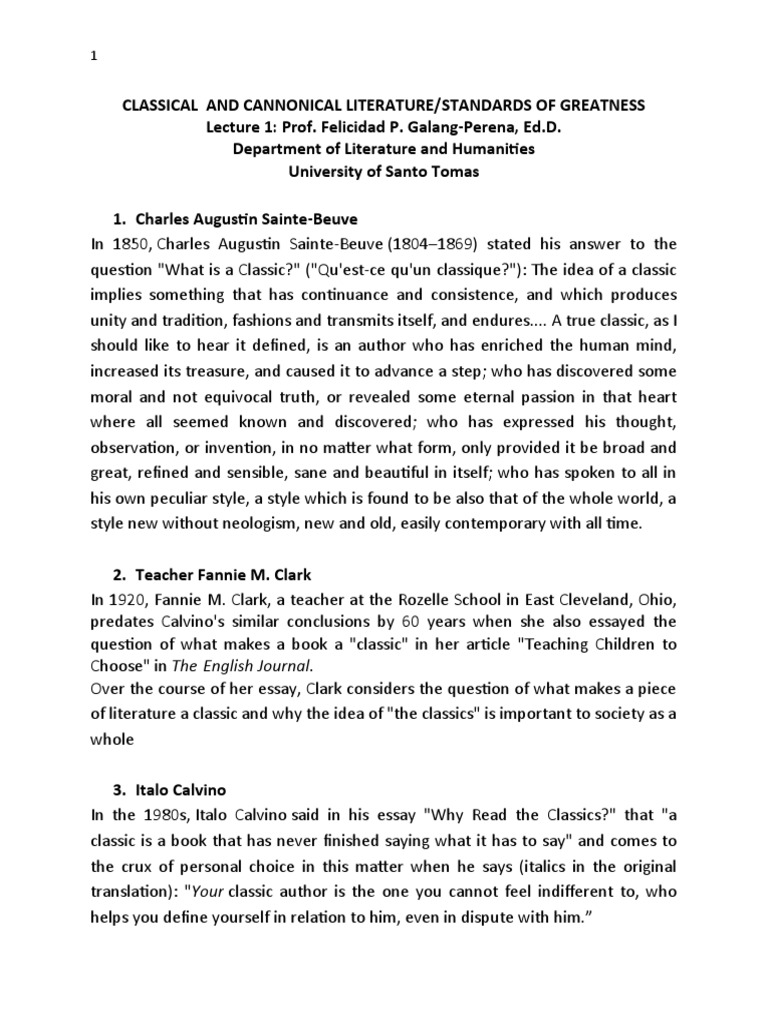 Lit 1 Lecture 1 Classical Cannonical and Standards of Great Literature ...
