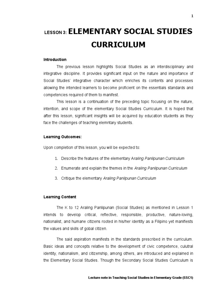 Elementary Social Studies Curriculum Key Concepts, Themes, and