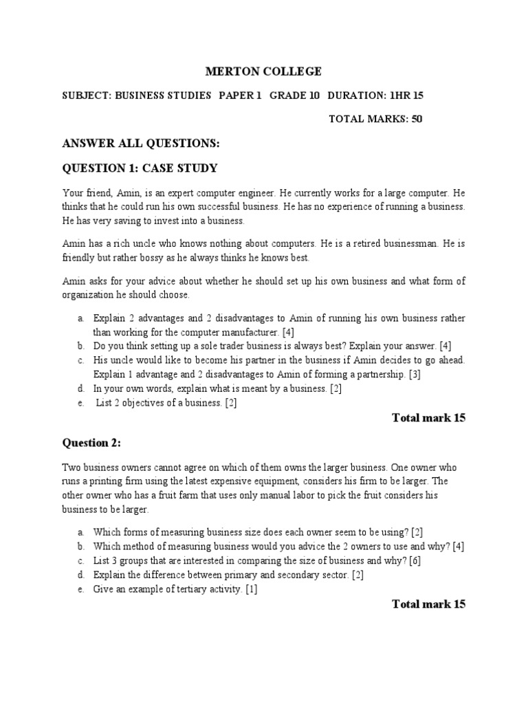 Merton College Subject Business Studies Paper 1 Grade 10 Duration 1Hr 15 Total Marks 50
