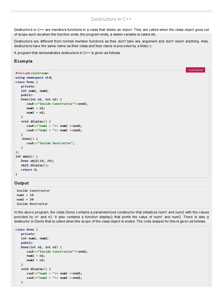 Destructors in C++ | PDF
