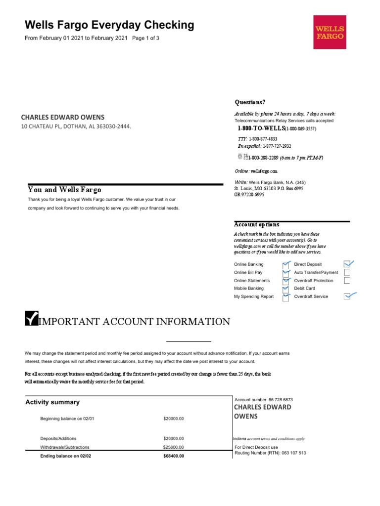 Wells Fargo Everyday Checking Important Account Information PDF
