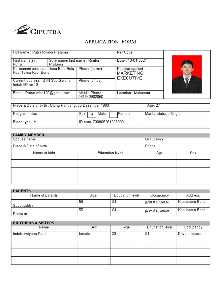 Marketing Executive Application Form | PDF | Employment | Salary